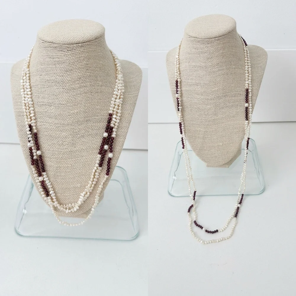 Genuine Pearls & Garnet Necklace White Red 64